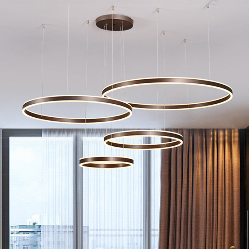 3/4-Light Circular LED Chandelier Contemporary Coffee Acrylic Pendant Lighting in Warm/White Light Clearhalo 'Ceiling Lights' 'Chandeliers' 'Modern Chandeliers' 'Modern' Lighting' 513478