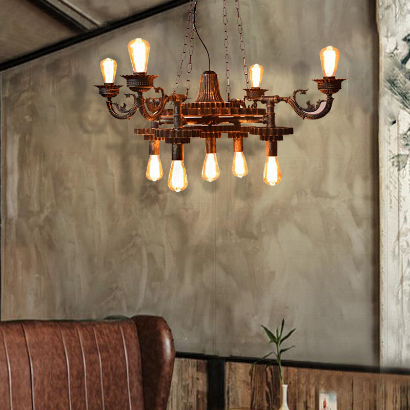 9 Lights Ceiling Light Vintage Exposed Bulb Metal Hanging Chandelier in Bronze for Dining Room with Gear Bronze Clearhalo 'Cast Iron' 'Ceiling Lights' 'Chandeliers' 'Industrial Chandeliers' 'Industrial' 'Metal' 'Middle Century Chandeliers' 'Rustic Chandeliers' 'Tiffany' Lighting' 513569