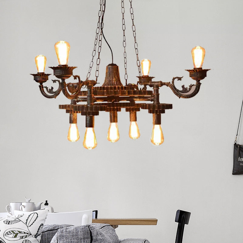 9 Lights Ceiling Light Vintage Exposed Bulb Metal Hanging Chandelier in Bronze for Dining Room with Gear Clearhalo 'Cast Iron' 'Ceiling Lights' 'Chandeliers' 'Industrial Chandeliers' 'Industrial' 'Metal' 'Middle Century Chandeliers' 'Rustic Chandeliers' 'Tiffany' Lighting' 513570