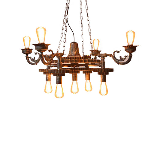 9 Lights Ceiling Light Vintage Exposed Bulb Metal Hanging Chandelier in Bronze for Dining Room with Gear Clearhalo 'Cast Iron' 'Ceiling Lights' 'Chandeliers' 'Industrial Chandeliers' 'Industrial' 'Metal' 'Middle Century Chandeliers' 'Rustic Chandeliers' 'Tiffany' Lighting' 513571