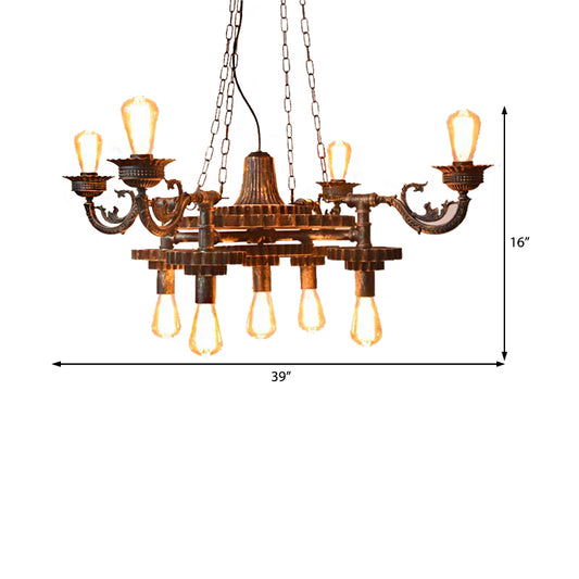9 Lights Ceiling Light Vintage Exposed Bulb Metal Hanging Chandelier in Bronze for Dining Room with Gear Clearhalo 'Cast Iron' 'Ceiling Lights' 'Chandeliers' 'Industrial Chandeliers' 'Industrial' 'Metal' 'Middle Century Chandeliers' 'Rustic Chandeliers' 'Tiffany' Lighting' 513572