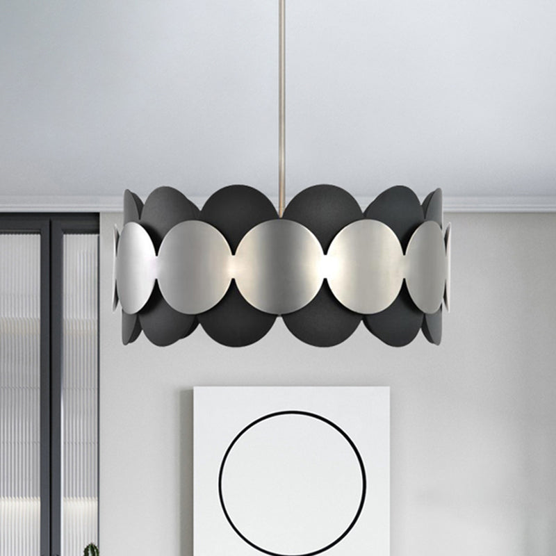 Black Drum Shape Hanging Lighting Modern Nordic 6 Bulbs Metallic Ceiling Chandelier for Bedroom Black Clearhalo 'Ceiling Lights' 'Chandeliers' 'Modern Chandeliers' 'Modern' Lighting' 518852