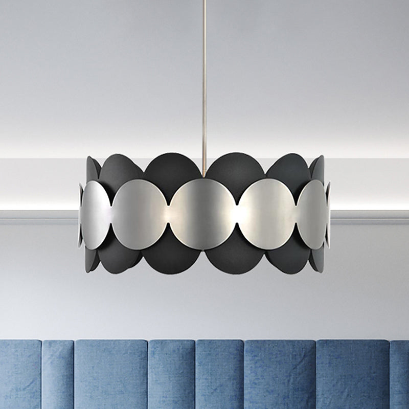 Black Drum Shape Hanging Lighting Modern Nordic 6 Bulbs Metallic Ceiling Chandelier for Bedroom Clearhalo 'Ceiling Lights' 'Chandeliers' 'Modern Chandeliers' 'Modern' Lighting' 518853