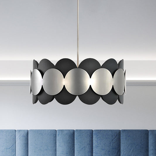 Black Drum Shape Hanging Lighting Modern Nordic 6 Bulbs Metallic Ceiling Chandelier for Bedroom Clearhalo 'Ceiling Lights' 'Chandeliers' 'Modern Chandeliers' 'Modern' Lighting' 518853