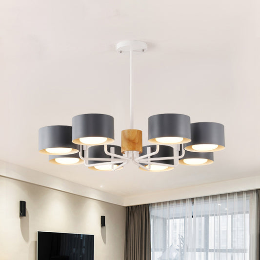 8 Heads Living Room Chandelier Modernist Grey/Green/White Finish Radial Pendant Light with Drum Iron Shade Grey Clearhalo 'Ceiling Lights' 'Chandeliers' 'Modern Chandeliers' 'Modern' Lighting' 518883