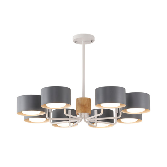 8 Heads Living Room Chandelier Modernist Grey/Green/White Finish Radial Pendant Light with Drum Iron Shade Clearhalo 'Ceiling Lights' 'Chandeliers' 'Modern Chandeliers' 'Modern' Lighting' 518885