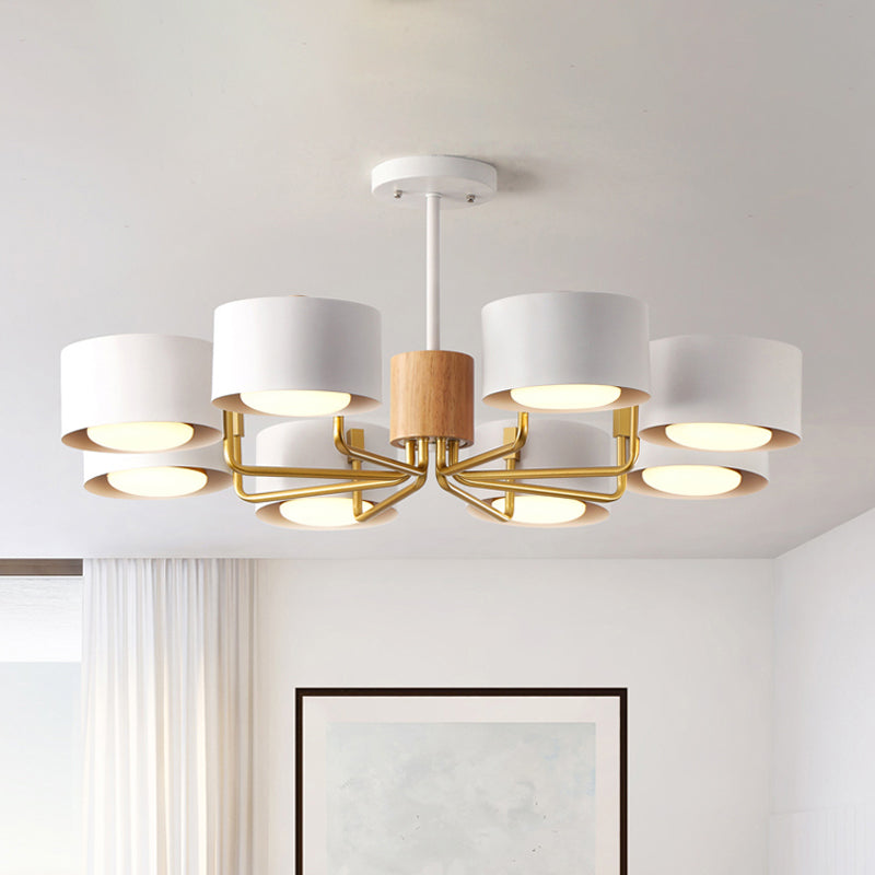 8 Heads Living Room Chandelier Modernist Grey/Green/White Finish Radial Pendant Light with Drum Iron Shade White Clearhalo 'Ceiling Lights' 'Chandeliers' 'Modern Chandeliers' 'Modern' Lighting' 518892