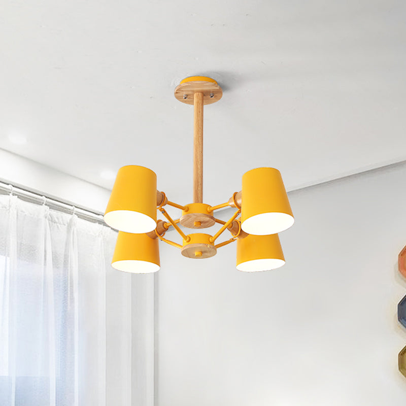 Pink/Yellow Barrel Semi Flush Lighting Macaron 4-Light Metal Flush Mounted Ceiling Lamp with Wood Rod Yellow Clearhalo 'Ceiling Lights' 'Close To Ceiling Lights' 'Close to ceiling' 'Semi-flushmount' Lighting' 518896