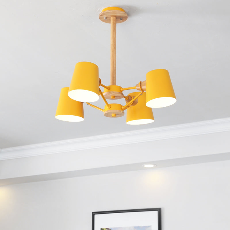 Pink/Yellow Barrel Semi Flush Lighting Macaron 4-Light Metal Flush Mounted Ceiling Lamp with Wood Rod Clearhalo 'Ceiling Lights' 'Close To Ceiling Lights' 'Close to ceiling' 'Semi-flushmount' Lighting' 518897
