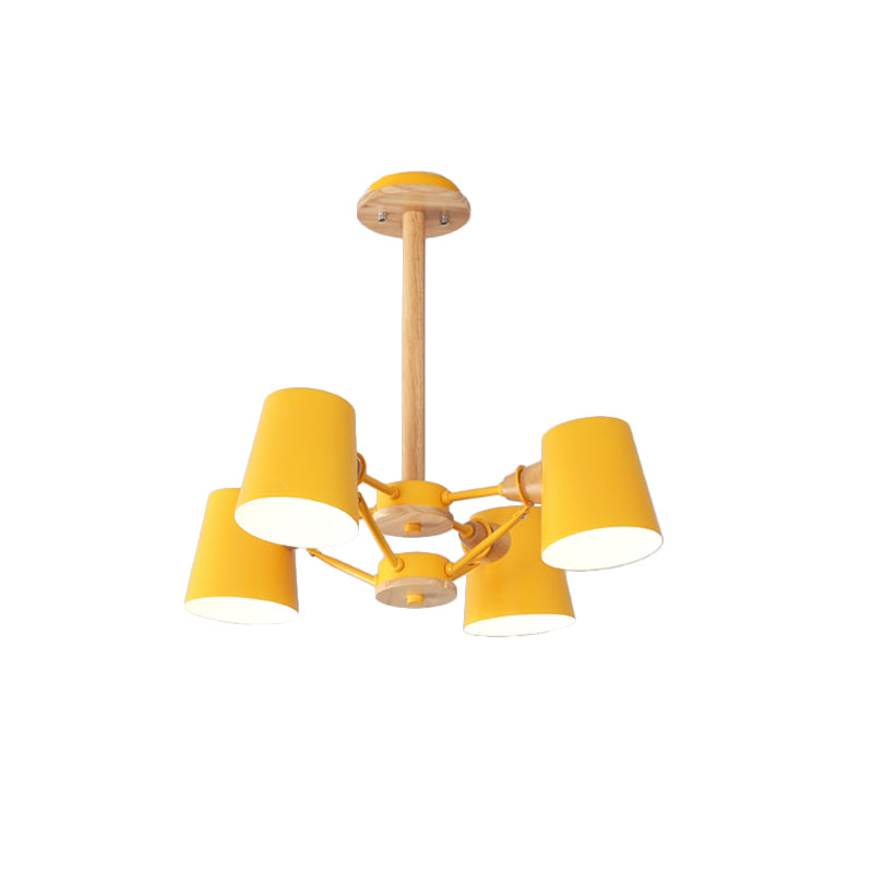 Pink/Yellow Barrel Semi Flush Lighting Macaron 4-Light Metal Flush Mounted Ceiling Lamp with Wood Rod Clearhalo 'Ceiling Lights' 'Close To Ceiling Lights' 'Close to ceiling' 'Semi-flushmount' Lighting' 518898