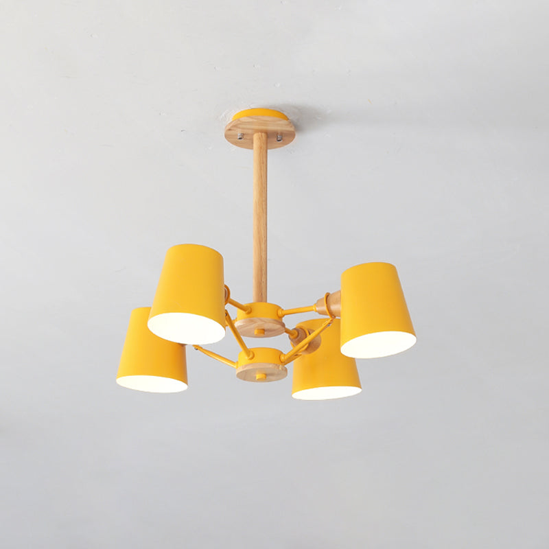 Pink/Yellow Barrel Semi Flush Lighting Macaron 4-Light Metal Flush Mounted Ceiling Lamp with Wood Rod Clearhalo 'Ceiling Lights' 'Close To Ceiling Lights' 'Close to ceiling' 'Semi-flushmount' Lighting' 518899