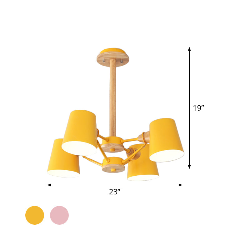 Pink/Yellow Barrel Semi Flush Lighting Macaron 4-Light Metal Flush Mounted Ceiling Lamp with Wood Rod Clearhalo 'Ceiling Lights' 'Close To Ceiling Lights' 'Close to ceiling' 'Semi-flushmount' Lighting' 518900