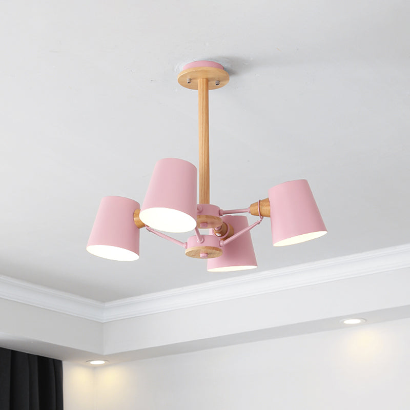 Pink/Yellow Barrel Semi Flush Lighting Macaron 4-Light Metal Flush Mounted Ceiling Lamp with Wood Rod Pink Clearhalo 'Ceiling Lights' 'Close To Ceiling Lights' 'Close to ceiling' 'Semi-flushmount' Lighting' 518901