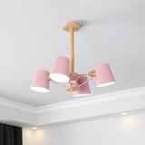 Pink/Yellow Barrel Semi Flush Lighting Macaron 4-Light Metal Flush Mounted Ceiling Lamp with Wood Rod Pink Clearhalo 'Ceiling Lights' 'Close To Ceiling Lights' 'Close to ceiling' 'Semi-flushmount' Lighting' 518901