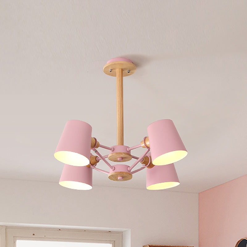 Pink/Yellow Barrel Semi Flush Lighting Macaron 4-Light Metal Flush Mounted Ceiling Lamp with Wood Rod Clearhalo 'Ceiling Lights' 'Close To Ceiling Lights' 'Close to ceiling' 'Semi-flushmount' Lighting' 518902