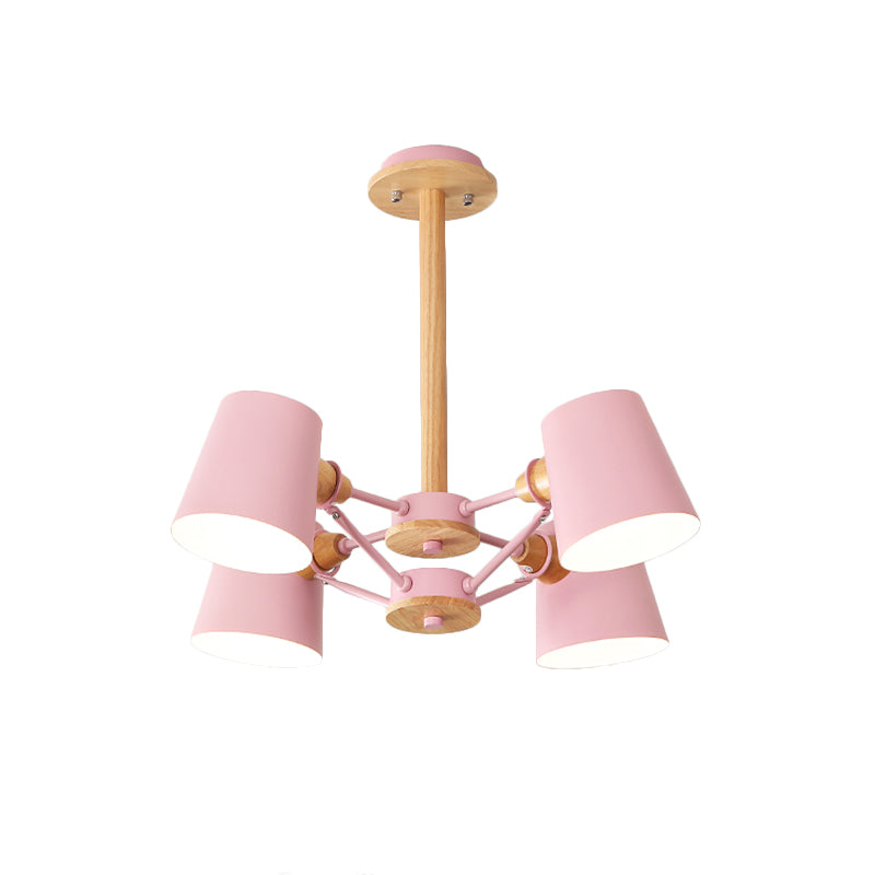 Pink/Yellow Barrel Semi Flush Lighting Macaron 4-Light Metal Flush Mounted Ceiling Lamp with Wood Rod Clearhalo 'Ceiling Lights' 'Close To Ceiling Lights' 'Close to ceiling' 'Semi-flushmount' Lighting' 518903