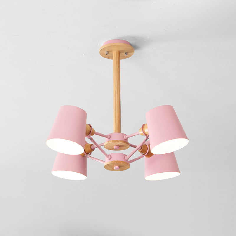 Pink/Yellow Barrel Semi Flush Lighting Macaron 4-Light Metal Flush Mounted Ceiling Lamp with Wood Rod Clearhalo 'Ceiling Lights' 'Close To Ceiling Lights' 'Close to ceiling' 'Semi-flushmount' Lighting' 518904