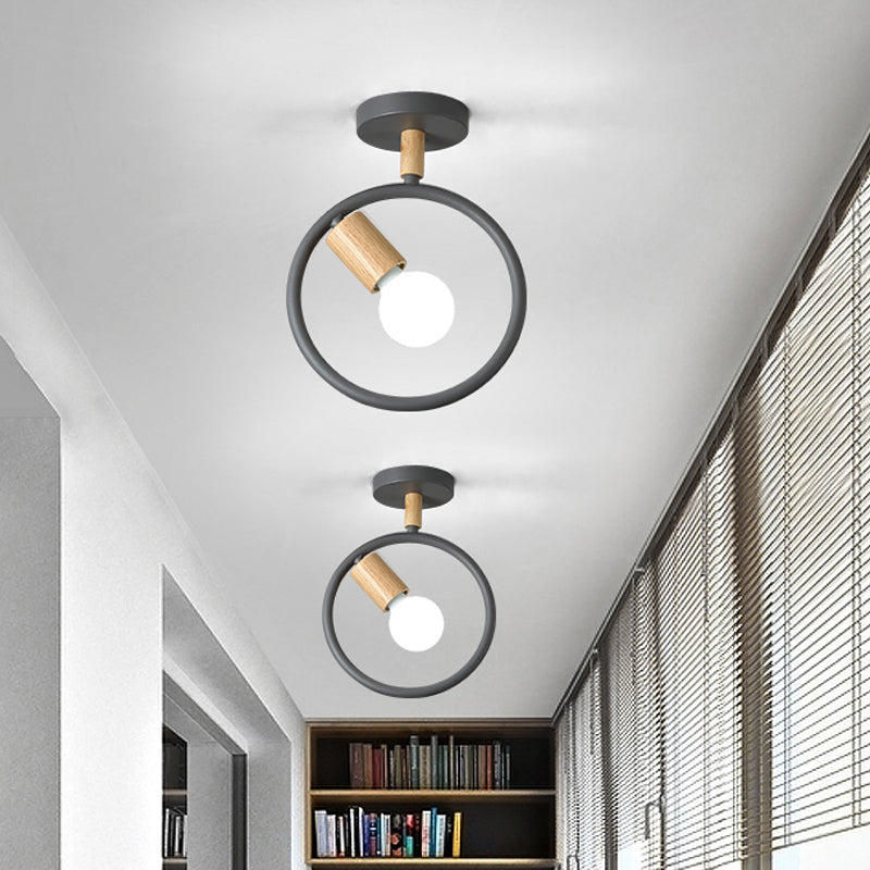 Circle Metal Flushmount Lighting Simple 1 Bulb Grey/Green/White Semi Close to Ceiling Lamp with Tube Wood Arm Grey Clearhalo 'Ceiling Lights' 'Close To Ceiling Lights' 'Close to ceiling' 'Semi-flushmount' Lighting' 518905