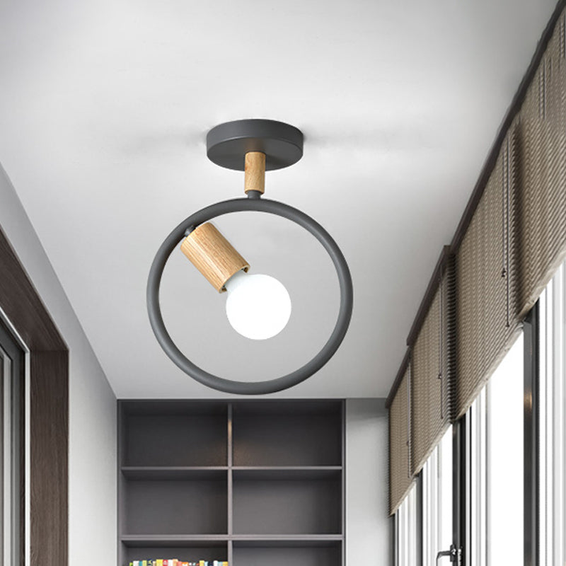 Circle Metal Flushmount Lighting Simple 1 Bulb Grey/Green/White Semi Close to Ceiling Lamp with Tube Wood Arm Clearhalo 'Ceiling Lights' 'Close To Ceiling Lights' 'Close to ceiling' 'Semi-flushmount' Lighting' 518906