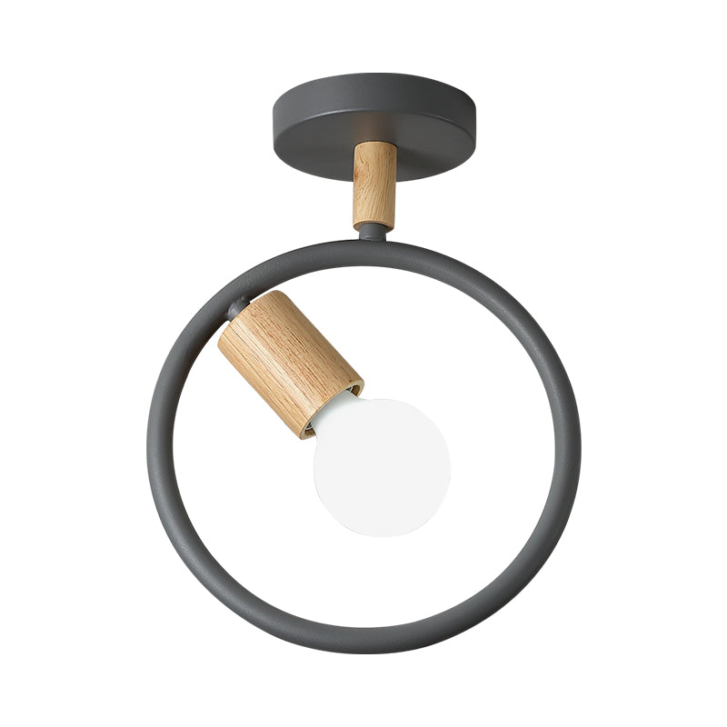 Circle Metal Flushmount Lighting Simple 1 Bulb Grey/Green/White Semi Close to Ceiling Lamp with Tube Wood Arm Clearhalo 'Ceiling Lights' 'Close To Ceiling Lights' 'Close to ceiling' 'Semi-flushmount' Lighting' 518907