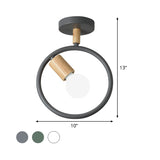 Circle Metal Flushmount Lighting Simple 1 Bulb Grey/Green/White Semi Close to Ceiling Lamp with Tube Wood Arm Clearhalo 'Ceiling Lights' 'Close To Ceiling Lights' 'Close to ceiling' 'Semi-flushmount' Lighting' 518909