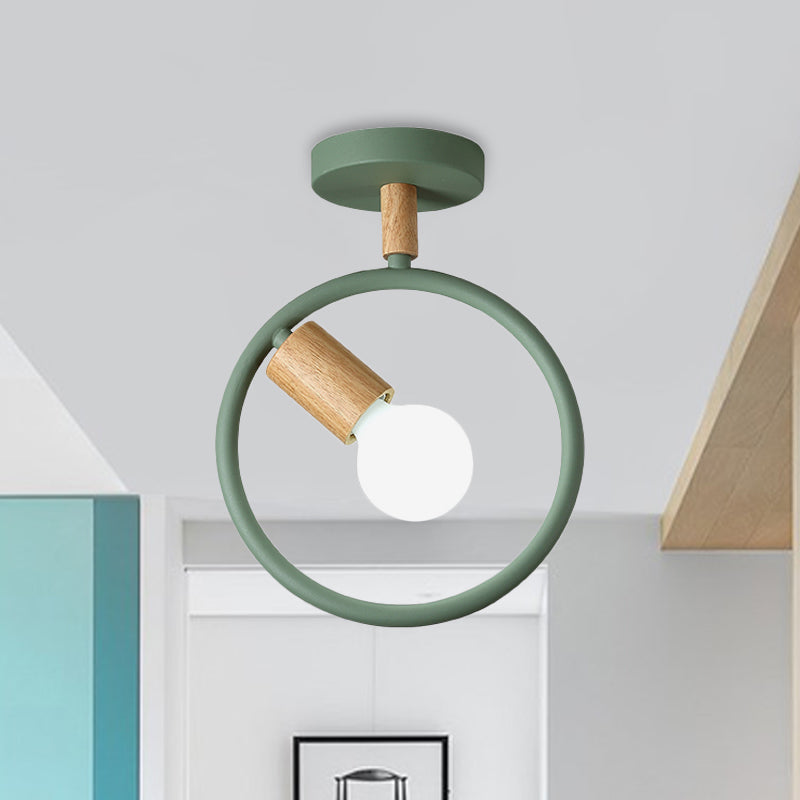 Circle Metal Flushmount Lighting Simple 1 Bulb Grey/Green/White Semi Close to Ceiling Lamp with Tube Wood Arm Green Clearhalo 'Ceiling Lights' 'Close To Ceiling Lights' 'Close to ceiling' 'Semi-flushmount' Lighting' 518910