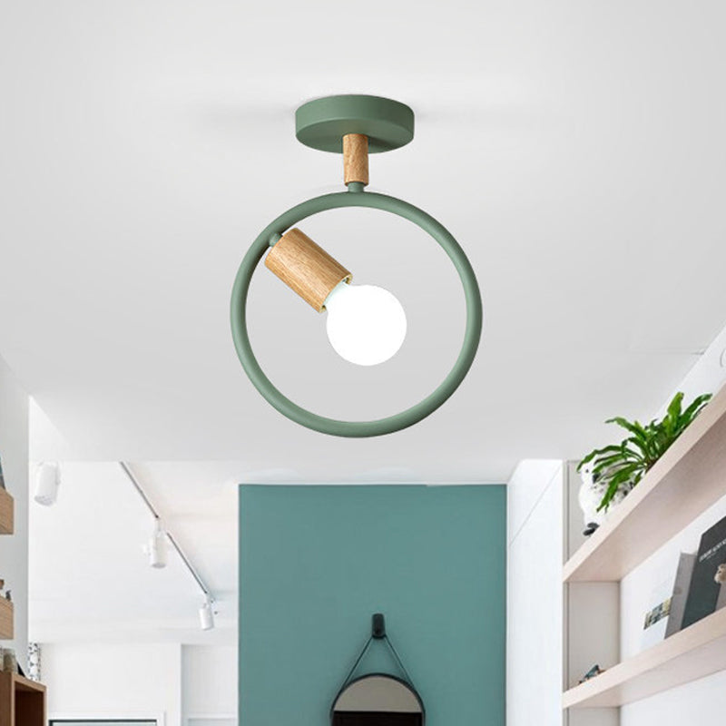 Circle Metal Flushmount Lighting Simple 1 Bulb Grey/Green/White Semi Close to Ceiling Lamp with Tube Wood Arm Clearhalo 'Ceiling Lights' 'Close To Ceiling Lights' 'Close to ceiling' 'Semi-flushmount' Lighting' 518911
