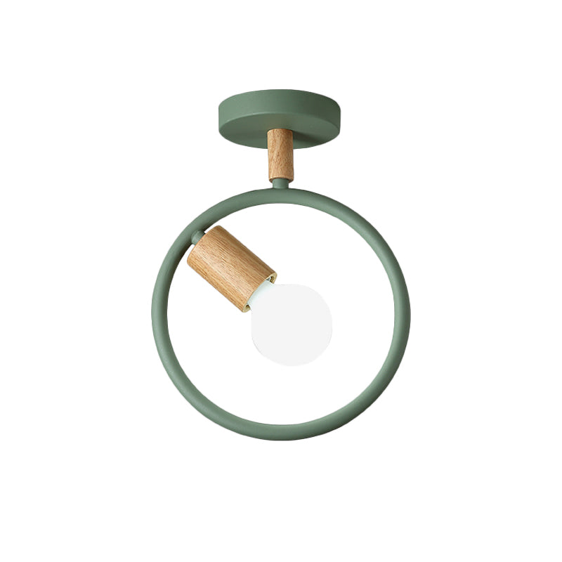 Circle Metal Flushmount Lighting Simple 1 Bulb Grey/Green/White Semi Close to Ceiling Lamp with Tube Wood Arm Clearhalo 'Ceiling Lights' 'Close To Ceiling Lights' 'Close to ceiling' 'Semi-flushmount' Lighting' 518912