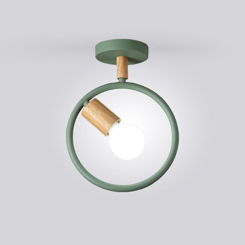 Circle Metal Flushmount Lighting Simple 1 Bulb Grey/Green/White Semi Close to Ceiling Lamp with Tube Wood Arm Clearhalo 'Ceiling Lights' 'Close To Ceiling Lights' 'Close to ceiling' 'Semi-flushmount' Lighting' 518913