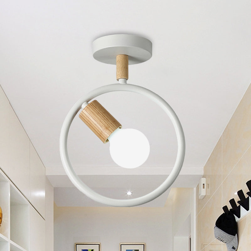 Circle Metal Flushmount Lighting Simple 1 Bulb Grey/Green/White Semi Close to Ceiling Lamp with Tube Wood Arm White Clearhalo 'Ceiling Lights' 'Close To Ceiling Lights' 'Close to ceiling' 'Semi-flushmount' Lighting' 518914