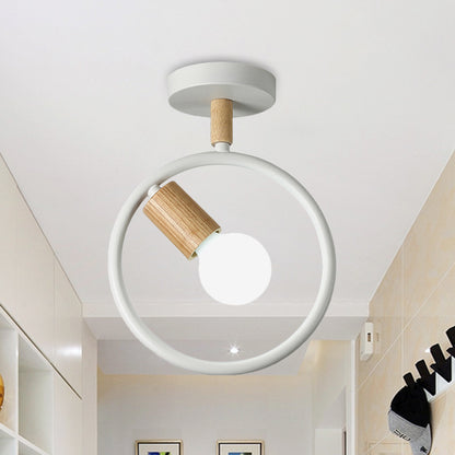 Circle Metal Flushmount Lighting Simple 1 Bulb Grey/Green/White Semi Close to Ceiling Lamp with Tube Wood Arm White Clearhalo 'Ceiling Lights' 'Close To Ceiling Lights' 'Close to ceiling' 'Semi-flushmount' Lighting' 518914
