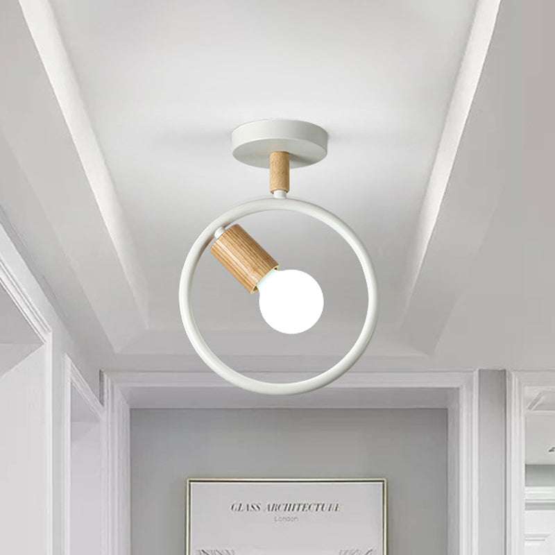 Circle Metal Flushmount Lighting Simple 1 Bulb Grey/Green/White Semi Close to Ceiling Lamp with Tube Wood Arm Clearhalo 'Ceiling Lights' 'Close To Ceiling Lights' 'Close to ceiling' 'Semi-flushmount' Lighting' 518915