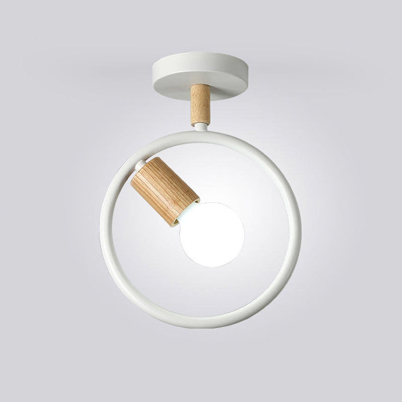 Circle Metal Flushmount Lighting Simple 1 Bulb Grey/Green/White Semi Close to Ceiling Lamp with Tube Wood Arm Clearhalo 'Ceiling Lights' 'Close To Ceiling Lights' 'Close to ceiling' 'Semi-flushmount' Lighting' 518917