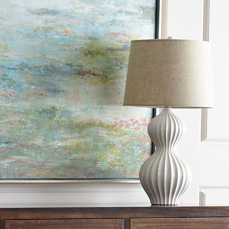 Nordic Shaded Table Light Fabric 1 Bulb Task Lighting in White with Gourd Ceramic Base Clearhalo 'Lamps' 'Table Lamps' Lighting' 518935