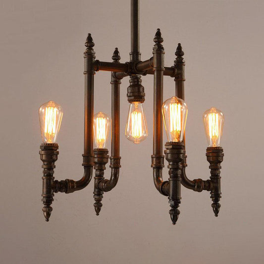 Rust 5 Bulbs Chandelier Lighting Antiqued Metallic Radial Pipe Ceiling Hang Fixture for Living Room Clearhalo 'Cast Iron' 'Ceiling Lights' 'Chandeliers' 'Industrial Chandeliers' 'Industrial' 'Metal' 'Middle Century Chandeliers' 'Rustic Chandeliers' 'Tiffany' Lighting' 519096