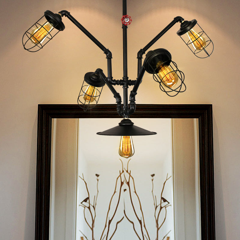 Abstract Pipe Living Room Pendant Vintage Metallic 5-Light Black Hanging Chandelier with Wire Cage Black Clearhalo 'Cast Iron' 'Ceiling Lights' 'Chandeliers' 'Industrial Chandeliers' 'Industrial' 'Metal' 'Middle Century Chandeliers' 'Rustic Chandeliers' 'Tiffany' Lighting' 519098