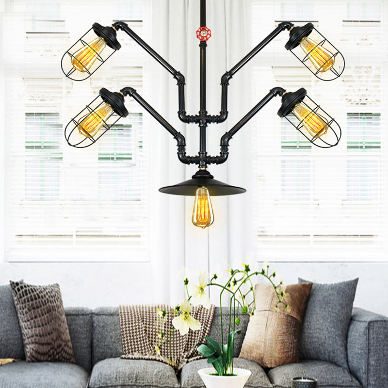 Abstract Pipe Living Room Pendant Vintage Metallic 5-Light Black Hanging Chandelier with Wire Cage Clearhalo 'Cast Iron' 'Ceiling Lights' 'Chandeliers' 'Industrial Chandeliers' 'Industrial' 'Metal' 'Middle Century Chandeliers' 'Rustic Chandeliers' 'Tiffany' Lighting' 519099