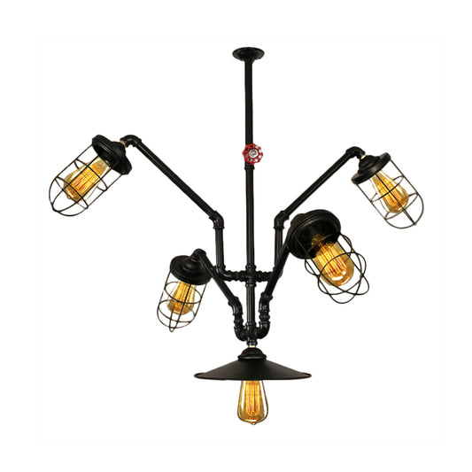 Abstract Pipe Living Room Pendant Vintage Metallic 5-Light Black Hanging Chandelier with Wire Cage Clearhalo 'Cast Iron' 'Ceiling Lights' 'Chandeliers' 'Industrial Chandeliers' 'Industrial' 'Metal' 'Middle Century Chandeliers' 'Rustic Chandeliers' 'Tiffany' Lighting' 519100