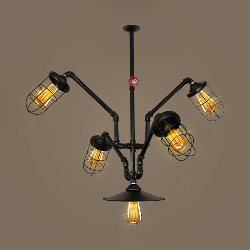 Abstract Pipe Living Room Pendant Vintage Metallic 5-Light Black Hanging Chandelier with Wire Cage Clearhalo 'Cast Iron' 'Ceiling Lights' 'Chandeliers' 'Industrial Chandeliers' 'Industrial' 'Metal' 'Middle Century Chandeliers' 'Rustic Chandeliers' 'Tiffany' Lighting' 519101