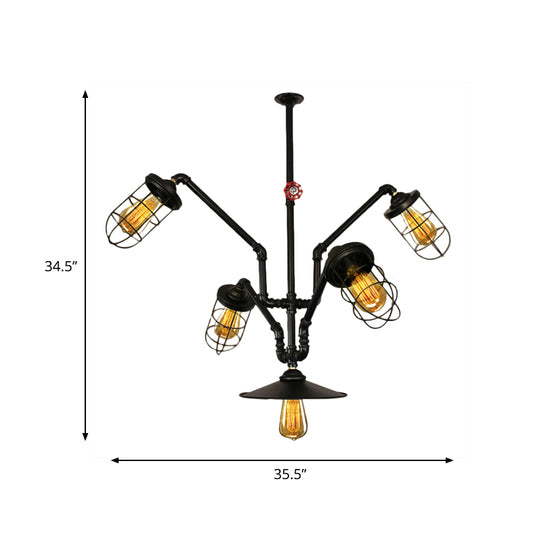 Abstract Pipe Living Room Pendant Vintage Metallic 5-Light Black Hanging Chandelier with Wire Cage Clearhalo 'Cast Iron' 'Ceiling Lights' 'Chandeliers' 'Industrial Chandeliers' 'Industrial' 'Metal' 'Middle Century Chandeliers' 'Rustic Chandeliers' 'Tiffany' Lighting' 519102