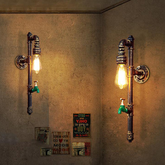 1-Bulb Pencil Pipe Arm Sconce Lighting Vintage Bronze Metallic Wall Mounted Lamp with Water Tap Decoration Clearhalo 'Art deco wall lights' 'Cast Iron' 'Glass' 'Industrial wall lights' 'Industrial' 'Middle century wall lights' 'Modern' 'Rustic wall lights' 'Tiffany' 'Traditional wall lights' 'Wall Lamps & Sconces' 'Wall Lights' Lighting' 519140