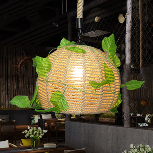1 Bulb Dome Pendant Light Vintage Beige Hemp Rope LED Plant Hanging Lamp for Restaurant Clearhalo 'Ceiling Lights' 'Industrial Pendants' 'Industrial' 'Middle Century Pendants' 'Pendant Lights' 'Pendants' 'Tiffany' Lighting' 519247