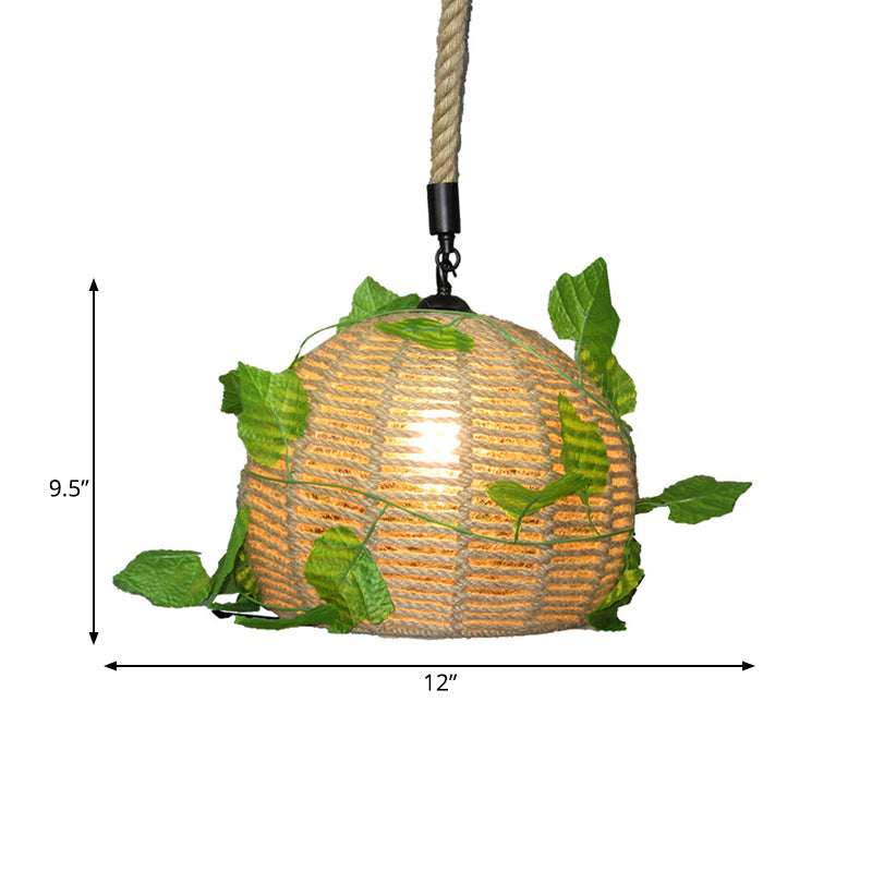 1 Bulb Dome Pendant Light Vintage Beige Hemp Rope LED Plant Hanging Lamp for Restaurant Clearhalo 'Ceiling Lights' 'Industrial Pendants' 'Industrial' 'Middle Century Pendants' 'Pendant Lights' 'Pendants' 'Tiffany' Lighting' 519250
