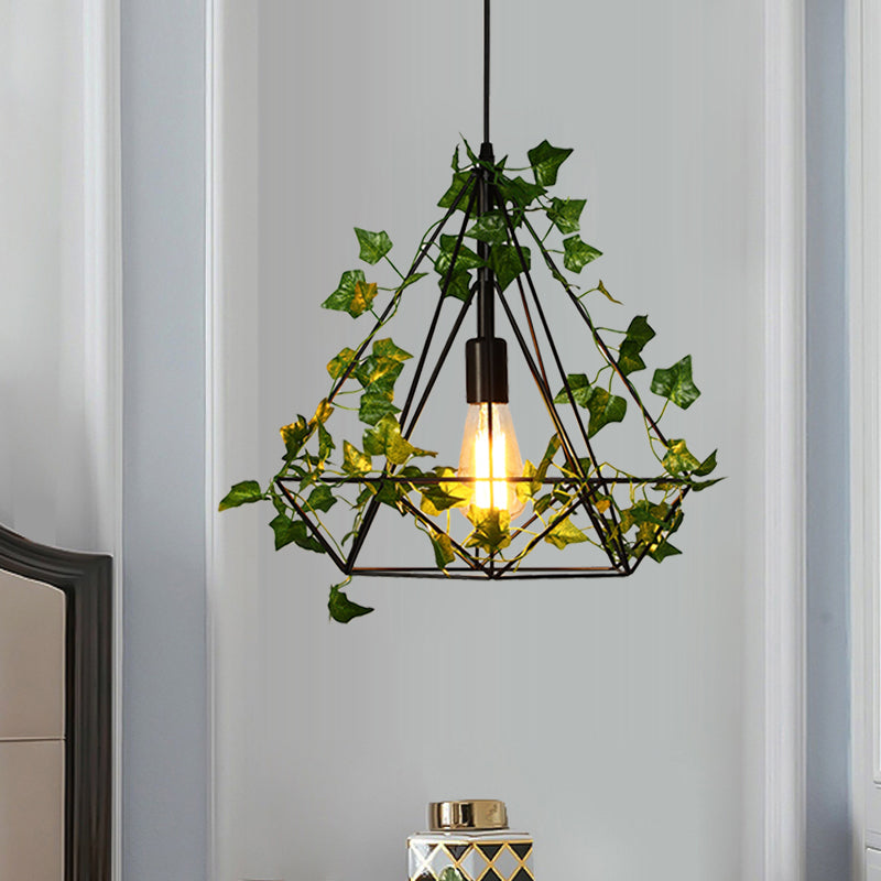 1 Head Metal Ceiling Light Antique Black Diamond Restaurant LED Down Lighting Pendant with Plant, 10"/15"/18" W Black Clearhalo 'Art Deco Pendants' 'Black' 'Cast Iron' 'Ceiling Lights' 'Ceramic' 'Crystal' 'Industrial Pendants' 'Industrial' 'Metal' 'Middle Century Pendants' 'Pendant Lights' 'Pendants' 'Rustic Pendants' 'Tiffany' Lighting' 519274