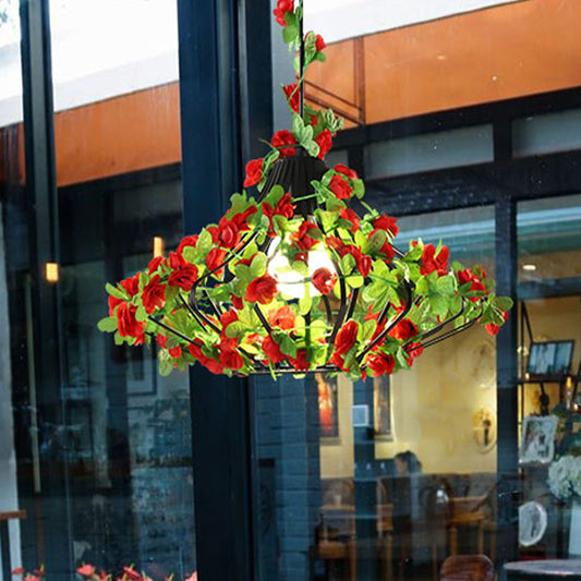 Black/White Cage Hanging Lamp Antique Metal 1 Bulb Restaurant LED Suspension Pendant with Flower Decor Black Clearhalo 'Art Deco Pendants' 'Black' 'Cast Iron' 'Ceiling Lights' 'Ceramic' 'Crystal' 'Industrial Pendants' 'Industrial' 'Metal' 'Middle Century Pendants' 'Pendant Lights' 'Pendants' 'Rustic Pendants' 'Tiffany' Lighting' 519306