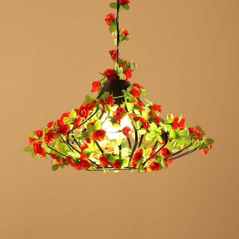 Black/White Cage Hanging Lamp Antique Metal 1 Bulb Restaurant LED Suspension Pendant with Flower Decor Clearhalo 'Art Deco Pendants' 'Black' 'Cast Iron' 'Ceiling Lights' 'Ceramic' 'Crystal' 'Industrial Pendants' 'Industrial' 'Metal' 'Middle Century Pendants' 'Pendant Lights' 'Pendants' 'Rustic Pendants' 'Tiffany' Lighting' 519309