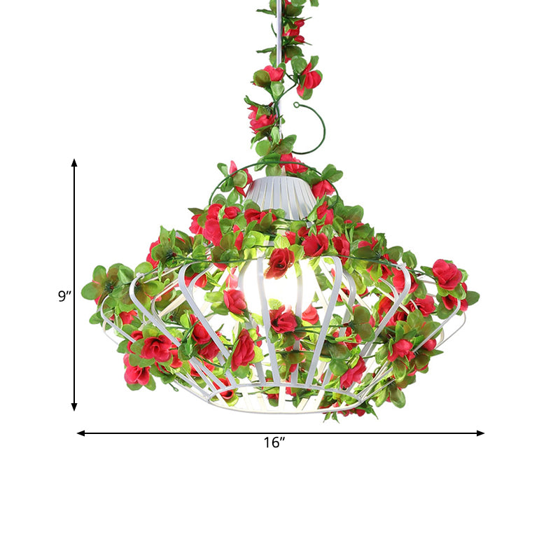 Black/White Cage Hanging Lamp Antique Metal 1 Bulb Restaurant LED Suspension Pendant with Flower Decor Clearhalo 'Art Deco Pendants' 'Black' 'Cast Iron' 'Ceiling Lights' 'Ceramic' 'Crystal' 'Industrial Pendants' 'Industrial' 'Metal' 'Middle Century Pendants' 'Pendant Lights' 'Pendants' 'Rustic Pendants' 'Tiffany' Lighting' 519315