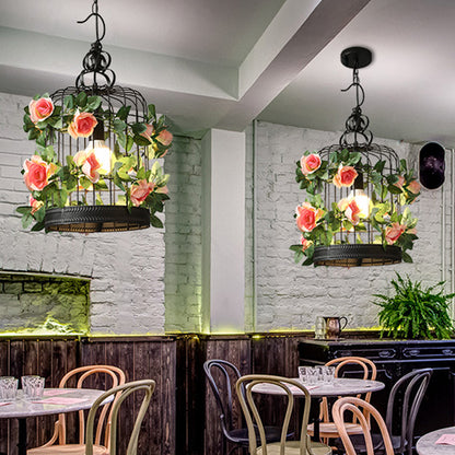 Black 1 Bulb Ceiling Light Industrial Metal Birdcage LED Pendant Lamp with Flower Decoration Black Clearhalo 'Art Deco Pendants' 'Black' 'Cast Iron' 'Ceiling Lights' 'Ceramic' 'Crystal' 'Industrial Pendants' 'Industrial' 'Metal' 'Middle Century Pendants' 'Pendant Lights' 'Pendants' 'Rustic Pendants' 'Tiffany' Lighting' 519338