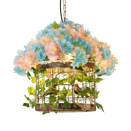 Industrial Bird Cage Hanging Pendant 1 Bulb Metal LED Suspension Light in Brass with Flower Decoration Clearhalo 'Art Deco Pendants' 'Cast Iron' 'Ceiling Lights' 'Ceramic' 'Crystal' 'Industrial Pendants' 'Industrial' 'Metal' 'Middle Century Pendants' 'Pendant Lights' 'Pendants' 'Tiffany' Lighting' 519482