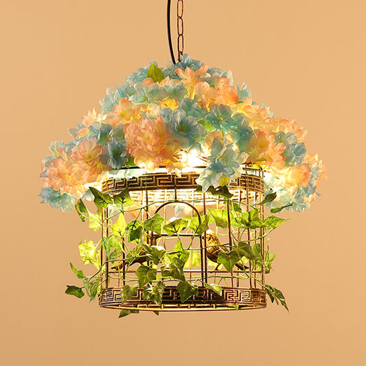 Industrial Bird Cage Hanging Pendant 1 Bulb Metal LED Suspension Light in Brass with Flower Decoration Clearhalo 'Art Deco Pendants' 'Cast Iron' 'Ceiling Lights' 'Ceramic' 'Crystal' 'Industrial Pendants' 'Industrial' 'Metal' 'Middle Century Pendants' 'Pendant Lights' 'Pendants' 'Tiffany' Lighting' 519483